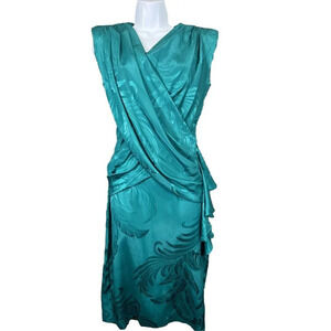 BB Collection VTG 80’s Formal Cocktail Wrap Dress Size 4 Silk Emerald Jacquard